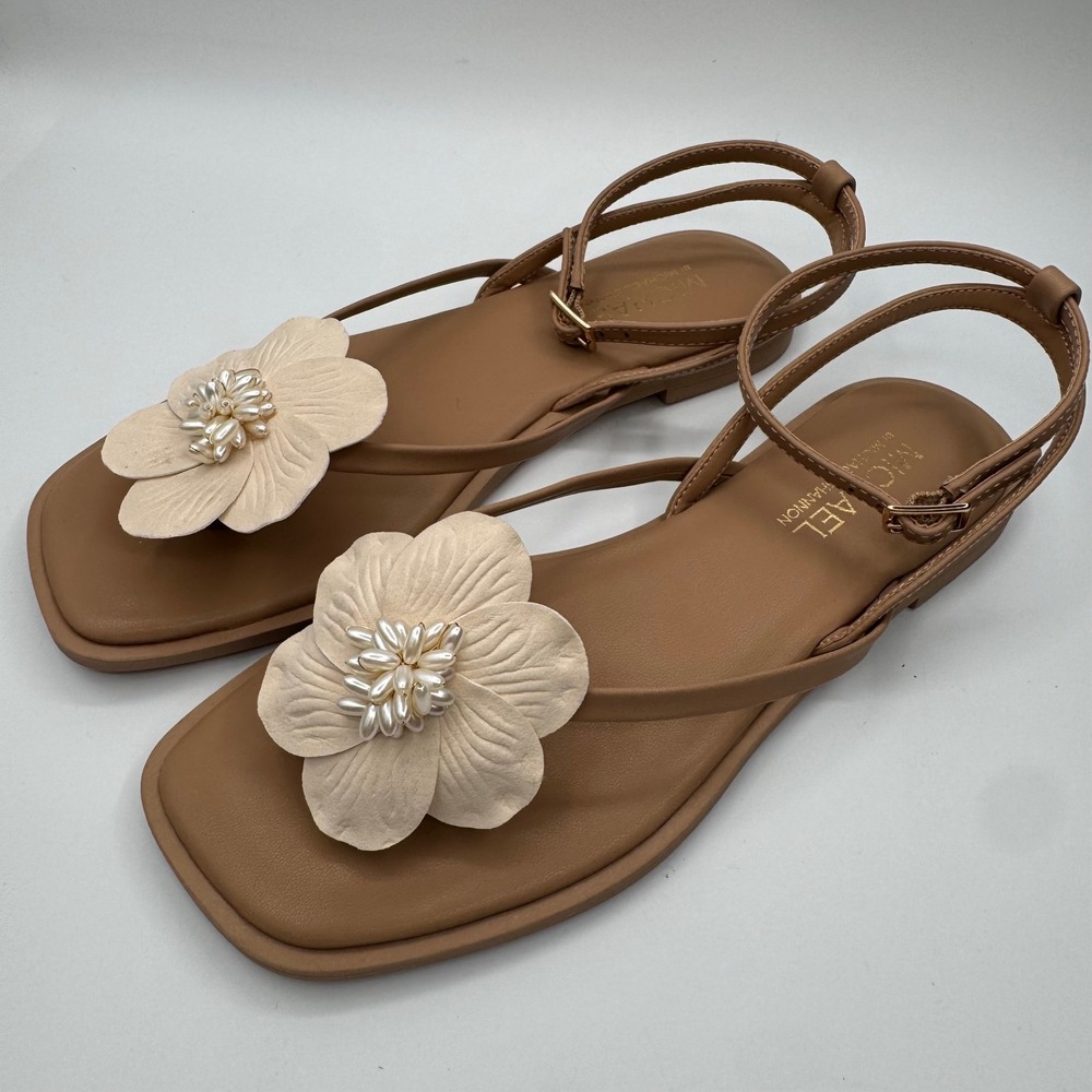 Michael Shannon nude flower Sandals Womens 7 Floral Pearl Ankle Strap